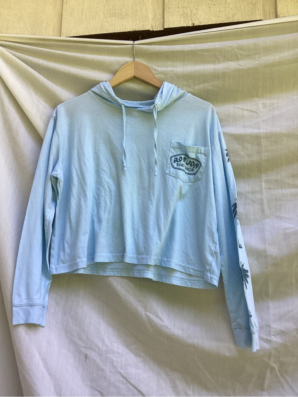 Ron Jon Blue Cropped Hooded Long Sleeve Top, size medium